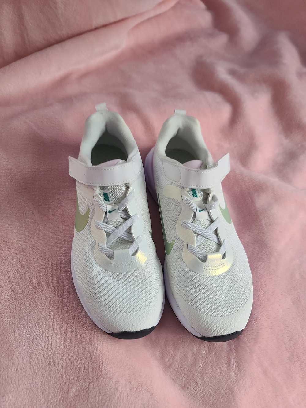 Kids Nike  White Sneakers with Iridescent Green Accents - Velcro Closure